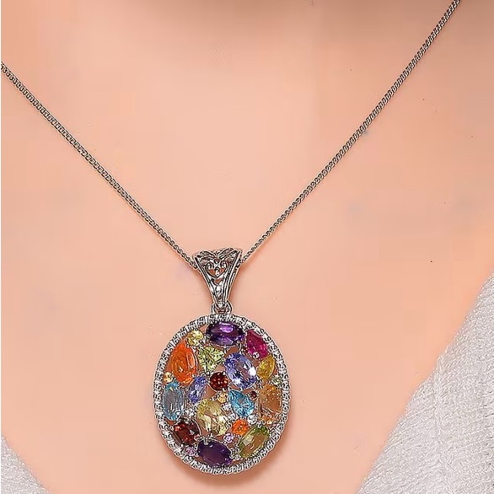 🤩 Multi Gemstone 6.15 ctw Pendant Necklace in Rhodium Over Sterling Silver 20”